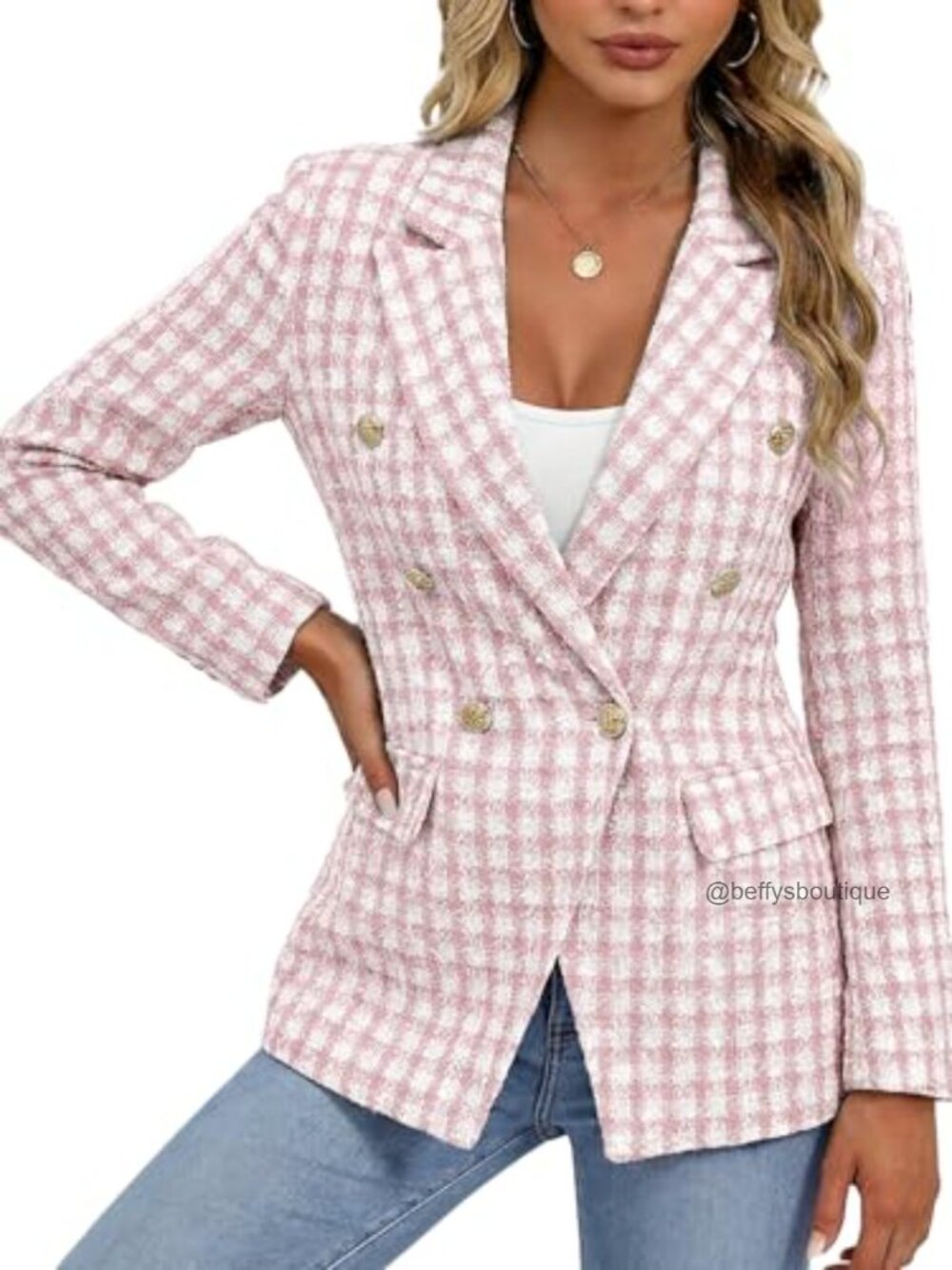 Double-Breasted Tweed Blazer Fully-Lined Slim Fit Casual Work - Picture 3 of 7